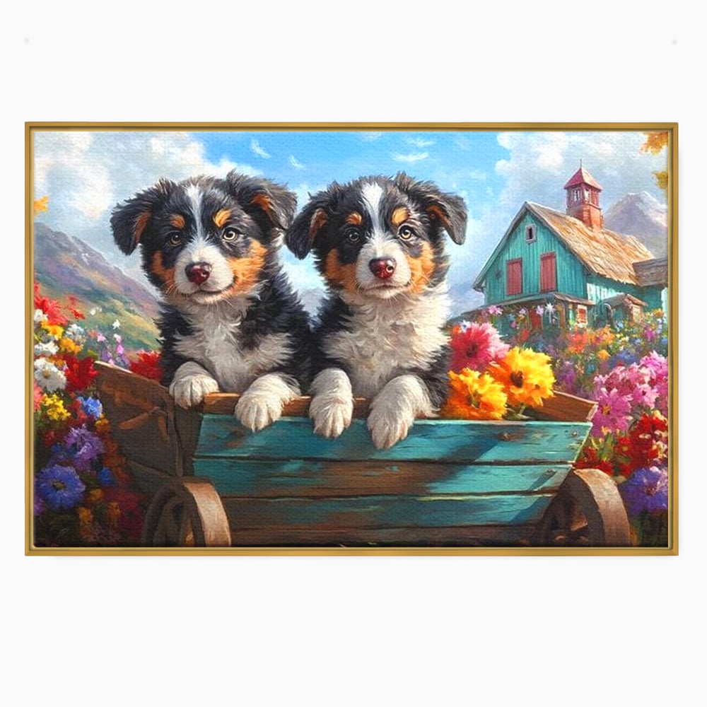 Tablou canvas cu doi catei australian shepherd in caruta cu flori, in rama de aluminiu auriu